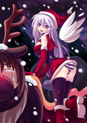 Rule 34 | 1boy, 1girl, ass, blush, boots, breasts, christmas, cleavage, elbow gloves, gloves, hat, kaizeru, large breasts, long hair, looking back, original, panties, pink eyes, red gloves, santa costume, santa hat, silver hair, snow, striped clothes, striped panties, thighhighs, underwear