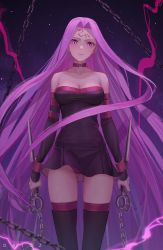 Rule 34 | 1girl, bare shoulders, black dress, black thighhighs, breasts, chain, cleavage, collar, detached sleeves, dress, drid, facial mark, fate/stay night, fate (series), forehead, forehead mark, highres, large breasts, long hair, looking at viewer, medusa (fate), medusa (rider) (fate), nameless dagger (fate), parted bangs, purple eyes, purple hair, short dress, sidelocks, solo, square pupils, thighhighs, thighs, very long hair