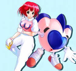 Rule 34 | 1girl, :d, :o, black eyes, blue background, gloves, hand on own knee, highres, holding own arm, kawaeru, looking at viewer, open mouth, pants, pastel (twinbee), red hair, shoes, smile, sneakers, twinbee, white gloves, white pants, winbee
