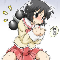 Rule 34 | 1girl, angry, black eyes, black hair, blush, bow, bowtie, checkered clothes, checkered skirt, clenched hands, faux traditional media, gaketsu, gears, gradient background, nichijou, no nose, red skirt, school uniform, shinonome nano, short hair, skirt, skull, solo, sweat, tokisadame school uniform, trembling, weights, winding key