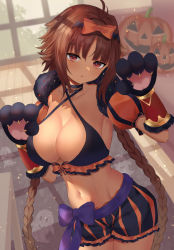 Rule 34 | 1girl, ahoge, animal costume, animal hands, baggy shorts, bikini, blue bow, blunt bangs, bow, braid, breasts, brown hair, cat costume, cleavage, ghost, halloween costume, highres, jack-o&#039;-lantern, jack-o&#039;-lantern ornament, kaori (halloween) (princess connect!), kaori (princess connect!), large breasts, long hair, mizuha (pixiv56938668), navel, orange bow, parted lips, paw pose, princess connect!, pumpkin, red eyes, ribbon, shorts, solo, swimsuit, twin braids, very long hair