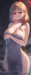 Rule 34 | 1girl, backlighting, bare shoulders, blue archive, blush, breasts, chinatsu (blue archive), chinatsu (hot spring) (blue archive), closed mouth, collarbone, covered navel, covering breasts, covering privates, cowboy shot, frown, halo, hand up, highres, large breasts, long hair, looking at viewer, nude cover, onsen, pointy ears, see-through, snowing, solo, standing, takechii, thighs, towel, wading, water