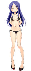 Rule 34 | 1girl, bikini, black bikini, blue hair, blush, closed eyes, female focus, hinata yukari, navel, smile, solo, swimsuit, taka (takahirokun), yuyushiki