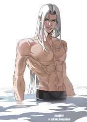 Rule 34 | 1boy, abs, bare arms, black pants, collarbone, final fantasy, final fantasy vii, final fantasy vii remake, green eyes, grey hair, highres, long hair, looking to the side, male focus, muscular, muscular male, pants, parted bangs, partially submerged, sephiroth, shinjikokoro, simple background, solo, straight hair, topless male, white background