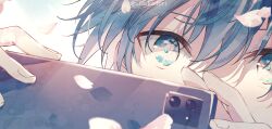Rule 34 | 1boy, amamine shu, blue eyes, blue hair, cellphone, covered mouth, fingernails, holding, holding phone, idolmaster, idolmaster side-m, idolmaster side-m growing stars, kame (unaikodori), looking up, male focus, phone, short hair, solo, tagme, taking picture, twitter username, white background