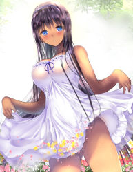Rule 34 | 1girl, :o, bad id, bad pixiv id, bare arms, bare shoulders, black hair, blue eyes, breasts, clothes lift, cowboy shot, dark-skinned female, dark skin, dress, dress lift, dutch angle, field, flower, flower field, gluteal fold, hairband, large breasts, lifting own clothes, light particles, long hair, looking at viewer, original, ponytail korosuke, revision, see-through silhouette, skirt hold, solo, sundress, white dress