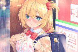 Rule 34 | 1girl, akai haato, bag, black bra, blonde hair, blouse, blurry, blurry background, blush, bow, bowtie, bra, breasts, cardigan, carrying bag, chiyonekoko, collared shirt, hair between eyes, hair ornament, hair strand, hairclip, hand on own chest, hands up, highres, hololive, charm (object), lace trim, lingerie, long hair, long sleeves, looking at viewer, medium breasts, multicolored eyes, open cardigan, open clothes, parted lips, pillar, rain, red bow, red bowtie, see-through, see-through shirt, shirt, side ponytail, sidelocks, solo, standing, underwear, upper body, virtual youtuber, wet, wet clothes, wet shirt, white shirt, zipper