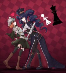 Rule 34 | 1boy, 1girl, alternate costume, arched back, armor, ascot, black hair, black pantyhose, blunt bangs, breastplate, brown footwear, brown hair, cape, celestia ludenberg, checkered background, chess piece, danganronpa: trigger happy havoc, danganronpa (series), detached sleeves, drill hair, from side, fujisaki chihiro, gauntlets, green cape, heart, helmet, highres, holding, holding sword, holding weapon, leaning forward, long hair, pantyhose, pawn costume (chess), queen costume (chess), red background, short hair, side cape, smile, soshu (socsuperfluous), sword, trap, twin drills, twintails, weapon, white ascot