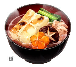 Rule 34 | bowl, carrot, food, food focus, meat, mochi, momiji mao, mushroom, no humans, original, soup, still life, wagashi, zouni soup