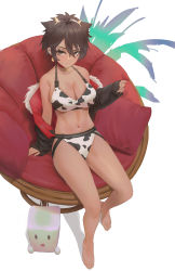 Rule 34 | 1girl, absurdres, animal print, bare shoulders, barefoot, bell, bikini, black eyes, black hair, black jacket, borrowed character, breasts, choker, cirilla lin, cleavage, collarbone, couch, cow girl, cow horns, cow print, cowbell, dark-skinned female, dark skin, earrings, fake horns, feet, full body, fur collar, fur trim, hair between eyes, hair ears, hairband, halterneck, highres, horns, jacket, jewelry, large breasts, looking at viewer, messy hair, micchan (ohisashiburi), navel, open clothes, open jacket, original, pixie cut, psd available, red choker, short hair, sitting, slit pupils, stomach, swimsuit, thighs, toes, two-sided fabric, underwear, white hairband
