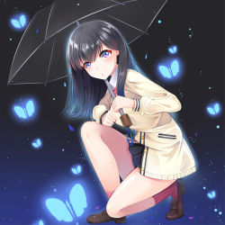 Rule 34 | 1girl, bad id, bad pixiv id, black background, black hair, black skirt, black umbrella, blue background, bow, bowtie, brown footwear, bug, butterfly, cardigan, collared shirt, fengli (709622571), from side, gradient background, gridman universe, hair between eyes, highres, holding, holding umbrella, insect, loafers, long hair, long sleeves, looking at viewer, miniskirt, on one knee, pleated skirt, purple eyes, red bow, red bowtie, red legwear, school uniform, shirt, shoes, skirt, solo, ssss.gridman, takarada rikka, umbrella, white cardigan, white shirt, wing collar