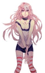 Rule 34 | 1boy, astolfo (fate), backlighting, bare arms, bare shoulders, black choker, bracelet, choker, collarbone, commentary, english commentary, fate/apocrypha, fate (series), flat chest, hair spread out, half-closed eyes, highres, interlocked fingers, jewelry, leaning forward, lips, long hair, looking at viewer, male focus, multicolored hair, official alternate costume, own hands together, pectorals, petite, pink hair, simple background, sleeveless, solo, standing, strap slip, streaked hair, striped clothes, striped thighhighs, thigh gap, thighhighs, toned, tooaya, trap, two-tone hair, v arms, white background, white hair