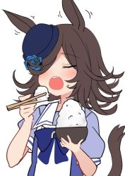 Rule 34 | 1girl, :o, agaki anko, animal ears, blouse, blue bow, blue flower, blue hat, blue rose, blue shirt, blush, bow, bowl, brown hair, chopsticks, eyes visible through hair, flower, food, food on face, hair over one eye, hat, hat flower, highres, holding, holding bowl, holding chopsticks, horse ears, horse girl, horse tail, open mouth, puffy short sleeves, puffy sleeves, purple shirt, rice, rice bowl, rice on face, rice shower (umamusume), rose, school uniform, shirt, short sleeves, simple background, solo, tail, tail raised, teeth, tilted headwear, tracen school uniform, umamusume, upper body, upper teeth only, white background