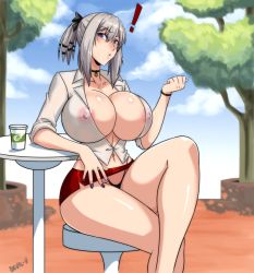Rule 34 | !, 10s, 1girl, aranea highwind, areola slip, artist name, black panties, breasts, choker, cleavage, cloud, coffee, covered erect nipples, crossed legs, curvy, devil-v, drink, female focus, final fantasy, final fantasy xv, g-string, highleg, highleg panties, highres, huge breasts, impossible clothes, impossible shirt, jewelry, looking at viewer, microskirt, midriff, miniskirt, nail polish, nipples, no bra, outdoors, panties, pantyshot, purple eyes, purple nails, red skirt, see-through, shirt, short hair, side slit, sidelocks, silver hair, sitting, skirt, sky, solo, surprised, table, thong, tree, underwear, watch, wide hips, wristwatch