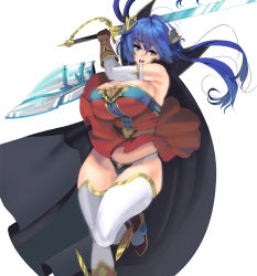 Rule 34 | 1girl, bare shoulders, blue eyes, blue hair, boots, breasts, buckle, cleavage, curvy, dress, elbow gloves, gloves, hair ornament, highres, huge breasts, kouno (masao), long hair, looking at viewer, open mouth, original, plump, short dress, solo, sword, thighhighs, thong, weapon
