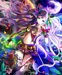 Rule 34 | 1girl, armpits, bare shoulders, blue eyes, crescent moon, finger to mouth, flower, hair flower, hair ornament, heterochromia, kether, long hair, midriff, moon, multicolored hair, navel, official art, original, petals, pointy ears, purple eyes, shingoku no valhalla gate, solo, thighhighs, two-tone hair, very long hair, white hair