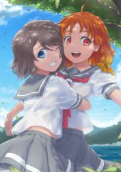 Rule 34 | 2girls, :d, ahoge, blue eyes, bow, braid, grey hair, grin, hair bow, highres, hug, looking at viewer, love live!, love live! sunshine!!, miniskirt, multiple girls, neckerchief, one eye closed, open mouth, orange hair, outstretched arms, parfaith, pleated skirt, red eyes, red neckerchief, school uniform, serafuku, short hair, side braid, skirt, smile, spread arms, takami chika, tree, watanabe you, yellow bow