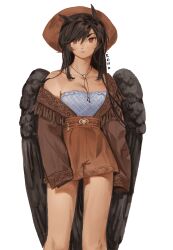 Rule 34 | 1girl, animal ears, black hair, black wings, boots, breasts, brown hat, brown jacket, cleavage, cowboy boots, cowboy hat, cowboy western, feathered wings, hat, highres, horse ears, horse tail, jacket, k0nfette, kurokoma saki, medium breasts, ponytail, solo, tail, thighs, touhou, wings