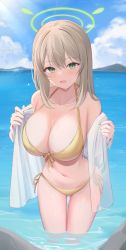 Rule 34 | 1girl, :d, absurdres, bikini, blue archive, blue sky, blush, breasts, cleavage, cloud, cloudy sky, day, green eyes, halo, highres, hiyayo25, jacket, large breasts, light brown hair, long hair, mountainous horizon, navel, nonomi (blue archive), nonomi (swimsuit) (blue archive), ocean, official alternate costume, open mouth, outdoors, partially submerged, rock, see-through, see-through jacket, sky, smile, solo, swept bangs, swimsuit, yellow bikini