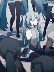 Rule 34 | 6+girls, arms between legs, blue eyes, blue hair, blush, boots, breasts, collared shirt, commentary, detached sleeves, hatsune miku, head tilt, headphones, headset, highres, holding hands, kotoko0, long hair, long sleeves, multiple girls, multiple persona, necktie, out of frame, parted lips, pleated skirt, shirt, sideboob, sitting, skirt, sleeveless, sleeveless shirt, small breasts, standing, standing on one leg, surrounded, thigh boots, twintails, very long hair, vocaloid, wariza