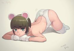 Rule 34 | 1girl, :t, animal ears, ass, ass shake, back, bad id, bad pixiv id, bare shoulders, bear ears, blush, boots, fake animal ears, flat chest, gloves, green eyes, green hair, lying, matching hair/eyes, mole, mole under eye, monamin, on stomach, original, short hair, solo, tail, thigh boots, thighhighs, top-down bottom-up, white gloves, white thighhighs