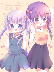 Rule 34 | 2girls, :d, alternate hairstyle, arm up, bad id, bad pixiv id, black skirt, blue dress, blue eyes, blush, bow, brown shirt, choker, commentary request, dated, dress, gochuumon wa usagi desu ka?, hair between eyes, hair bow, kafuu chino, looking at viewer, multiple girls, open mouth, pink bow, pink choker, purple eyes, purple hair, rin (fuwarin), shirt, skirt, sleeveless, sleeveless shirt, smile, tedeza rize, teeth, twintails, twintails day, upper teeth only, v