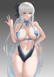 Rule 34 | 1girl, absurdres, bare shoulders, bikini, black bikini, black bow, blue bikini, blue eyes, bow, braid, breasts, collarbone, fate/grand order, fate (series), freed turing, french braid, grey hair, hair bow, highleg, highleg bikini, highres, large breasts, long hair, looking at viewer, mismatched bikini, morgan le fay (fate), navel, ponytail, sidelocks, solo, swimsuit, thighs, very long hair
