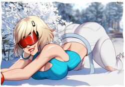 Rule 34 | 1girl, artist name, bare shoulders, blonde hair, blue sweater, border, breasts, bush, cleavage, cropped sweater, earrings, evie (fortnite), fortnite, hair ornament, highres, hoop earrings, jewelry, large breasts, looking at viewer, magaska19, official alternate costume, official alternate hairstyle, open mouth, outdoors, pants, red-tinted eyewear, ribbed sweater, short hair, sleeveless, sleeveless sweater, snow, snow goggles, solo, summitseeker evie (fortnite), sweater, tinted eyewear, tongue, tongue out, top-down bottom-up, torn clothes, torn pants, white border, white pants