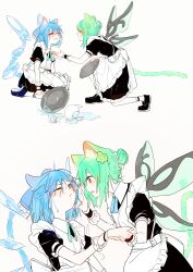 Rule 34 | 2girls, absurdres, alternate costume, animal ears, apron, black dress, blue eyes, blue hair, blush, cat ears, cat tail, cirno, daiyousei, detached wings, dress, enmaided, fairy, fairy wings, frilled apron, frills, green hair, highres, ice, ice wings, maid, maid apron, multiple girls, multiple views, one eye closed, open mouth, puffy short sleeves, puffy sleeves, red eyes, short hair, short sleeves, simple background, tail, touhou, waist apron, white apron, white background, wings, wrist cuffs, ydpfa