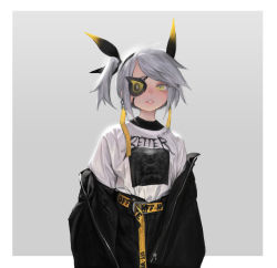 Rule 34 | 1girl, border, charles (106858), eyepatch, female focus, grey background, highres, jacket, off shoulder, original, parted lips, silver hair, simple background, solo, twintails, white border, yellow eyes