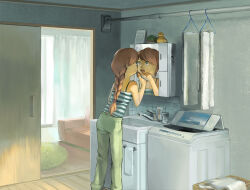 Rule 34 | 1girl, blue eyes, braid, braided ponytail, brown hair, brushing teeth, camisole, couch, curtains, door, feet out of frame, green pants, indoors, kumomachi, long hair, mirror, open mouth, original, pants, reflection, sink, solo, striped camisole, towel, window