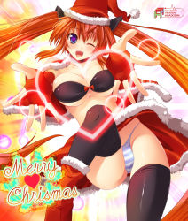 Rule 34 | 1girl, blue eyes, bra, breasts, christmas, hat, large breasts, lingerie, maki (seventh heaven maxion), one eye closed, original, panties, red hair, santa costume, santa hat, solo, striped clothes, striped panties, thighhighs, twintails, underwear, wink