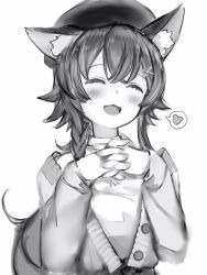 Rule 34 | 1girl, :3, :d, animal ears, bad id, bad pixiv id, closed eyes, facing viewer, greyscale, hat, heart, highres, hololive, interlocked fingers, jacket, monochrome, nanashi (nlo), ookami mio, ookami mio (street), open mouth, own hands together, shirt, simple background, smile, solo, spoken heart, upper body, virtual youtuber, white background
