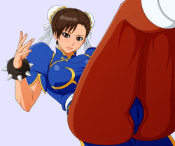 Rule 34 | 1girl, ass, bracelet, brown eyes, brown hair, bun cover, cameltoe, capcom, china dress, chinese clothes, chun-li, double bun, dress, earrings, huge ass, jewelry, legs up, makani kohitujito, pantyhose, pelvic curtain, solo, spiked bracelet, spikes, street fighter, thick thighs, thighs