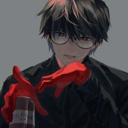 Rule 34 | 1boy, black hair, can, gloves, grey background, kaneki ken, red gloves, simple background, smile, solo, tokyo ghoul, tokyo ghoul:re