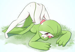 Rule 34 | 1girl, arms up, blue background, blush, bob cut, breasts, colored skin, creatures (company), fangs, female focus, game freak, gardevoir, gen 3 pokemon, grass, green hair, green skin, hair over one eye, half-closed eyes, highres, ikuzonomiki12, jack-o&#039; challenge, large breasts, legs, light blush, looking at viewer, multicolored skin, nintendo, on ground, one eye covered, open mouth, pokemon, pokemon (creature), raised eyebrows, red eyes, short hair, simple background, skin fangs, solo, spread legs, sweat, teeth, thighs, tongue, top-down bottom-up, trembling, two-tone skin, white skin