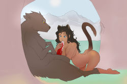 Rule 34 | 1girl, animal, animal ears, avatar: the last airbender, avatar legends, bestiality, blue eyes, breasts, brown hair, cat ears, cat tail, cum, dark skin, fellatio, forest, highres, korra, large breasts, licking, long hair, mountain, nature, oral, pregnant, tail, the legend of korra, wolf, yellow eyes