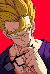 Rule 34 | 1boy, absurdres, closed mouth, dragon ball, dragon ball super, dragon ball super super hero, dutch angle, glasses, green eyes, highres, horang4628, looking at viewer, male focus, red background, removing eyewear, serious, simple background, solo, son gohan, super saiyan, super saiyan 1, twitter username, upper body