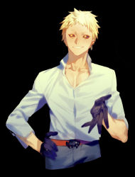 Rule 34 | 1boy, belt, black background, black gloves, black sclera, blonde hair, blue pants, collared shirt, colored sclera, copyright request, earrings, gloves, hand on own hip, jewelry, looking at viewer, male focus, pants, parted lips, popped collar, shirt, simple background, smile, solo, white shirt, wing collar, yamakawa, yellow eyes