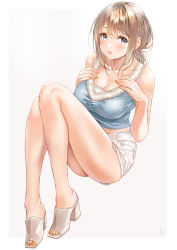 Rule 34 | 1girl, :o, blue eyes, blush, breasts, camisole, cleavage, collarbone, high heels, highres, knees up, koji (kojikojimdw), large breasts, light brown hair, looking at viewer, nail polish, open mouth, original, shorts, sidelocks, signature, simple background, sitting, sleeveless, solo, toeless footwear, toenail polish, toenails, white footwear, white shorts