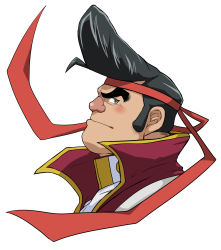 Rule 34 | 1boy, black hair, blush, cropped shoulders, from side, frown, hachimaki, hair strand, headband, highres, hitenmaru, looking at viewer, male focus, noboru gongenzaka, pompadour, red nose, short hair, sideburns, solo, thick eyebrows, upper body, wind, yu-gi-oh!, yu-gi-oh! arc-v