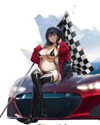 Rule 34 | 1girl, absurdres, azur lane, bikini, black bikini, black choker, black legwear, boots, breasts, car, checkered flag, choker, cleavage, confetti, crossed bangs, crossed legs, flag, hair between eyes, high heel boots, high heels, highleg, highleg bikini, highres, jacket, large breasts, long hair, md5 mismatch, motor vehicle, multi-strapped bikini bottom, multi-strapped bikini top, multiple straps, navel, off shoulder, official alternate costume, on vehicle, one side up, race queen, red eyes, red jacket, resolution mismatch, sitting, solo, solo focus, source larger, swimsuit, taihou (azur lane), taihou (enraptured companion) (azur lane), thigh strap, underboob, uthy, v