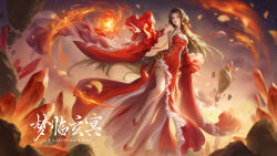 Rule 34 | 1girl, a zi leidian, absurdres, brown hair, chest cutout, chinese clothes, detached sleeves, dress, facial mark, floating, floating rock, flower, forehead mark, full body, glowing flower, hair ornament, highres, huo linger (wanmei shijie), long hair, long sleeves, lotus, parted lips, purple eyes, red dress, red footwear, second-party source, solo, teeth, two-tone dress, wanmei shijie