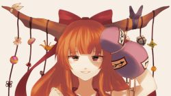 Rule 34 | 1girl, absurdres, bow, commentary, gourd, grey eyes, hair bow, highres, horn bow, horn ornament, horns, ibuki suika, long hair, looking at viewer, oni horns, orange hair, purple bow, red bow, red ribbon, ribbon, smile, solo, somei ooo, touhou, white bow