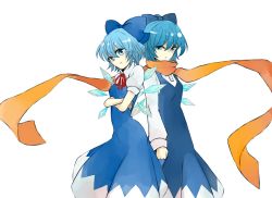 Rule 34 | 2girls, alternate costume, back-to-back, blue eyes, blue hair, bow, cirno, cirno-nee, crossed arms, dress, dual persona, hair bow, ice, ice wings, moe-e-ko, multiple girls, ribbon, scarf, short hair, touhou, wings