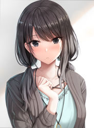 Rule 34 | 1girl, absurdres, argyle, argyle clothes, argyle sweater, black hair, blush, collarbone, expressionless, highres, idolmaster, idolmaster shiny colors, jacket, jewelry, kazano hiori, looking at viewer, mole, mole under mouth, necklace, nicoby, simple background, solo, sweater, sweater jacket, twintails, upper body, white background