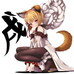 Rule 34 | 1girl, :q, animal ears, black pantyhose, blush, commentary request, detached sleeves, dog ears, dog tail, erune, granblue fantasy, japanese clothes, looking at viewer, pantyhose, red eyes, rope, shimenawa, short hair, simple background, solo, squatting, tadanoshi kabane, tail, tongue, tongue out, vajra (granblue fantasy), white background