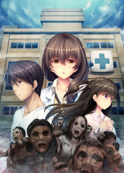 Rule 34 | 1boy, 2girls, blue eyes, brown eyes, brown hair, building, collared shirt, commentary request, copyright request, cross, hair between eyes, highres, long hair, looking at viewer, multiple girls, official art, parted lips, purple eyes, saburou (hgmg), school, shirt, short hair, white shirt, wing collar, zombie