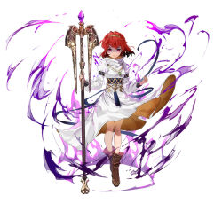 Rule 34 | aura, brown footwear, dark aura, dress, fire emblem, fire emblem: mystery of the emblem, fire emblem heroes, holding, holding staff, looking at viewer, maria (fire emblem), mayo (becky2006), mind control, nintendo, official alternate costume, official art, purple eyes, red hair, short hair, solo, staff, tassel, tiara, white background, white dress