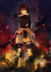 Rule 34 | 10s, 1girl, black hair, blood, blood on face, boots, custom (cus-tom), fire, hyuuga (kancolle), kantai collection, katana, short hair, smoke, solo, sword, torn clothes, weapon, yellow eyes